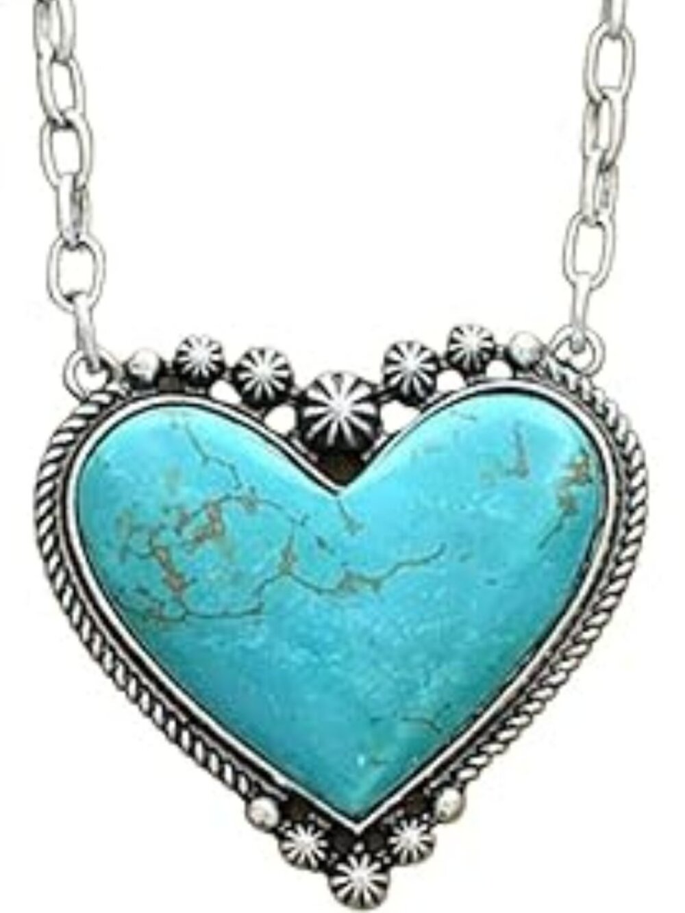 New Western Boho Turquoise Heart Natural Turquoise Stone Pendant Silver Jewelry